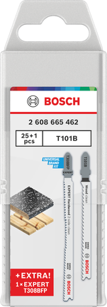 „Bosch T101B“ siaurapjūklio ašmenų rinkinys su „EXPERT T308BFP“ priedu.